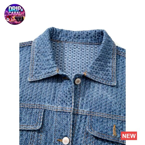 Oversized Boyfriend Jean Jacket Textured Denim Long Sleeve Button Up Tunic - Picture 5 of 7